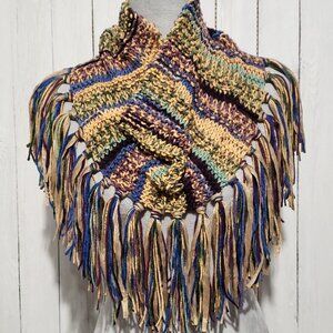 NEW Hand Knitted Cowl Scarf Tan Purple Blue Green Boho Fringe Artsy Indie Glam